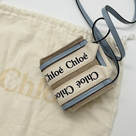 CHLOE Woody Mini 粉藍拼接亞麻小廢包