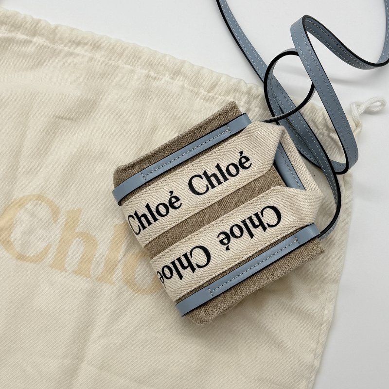CHLOE Woody Mini 粉藍拼接亞麻小廢包-0