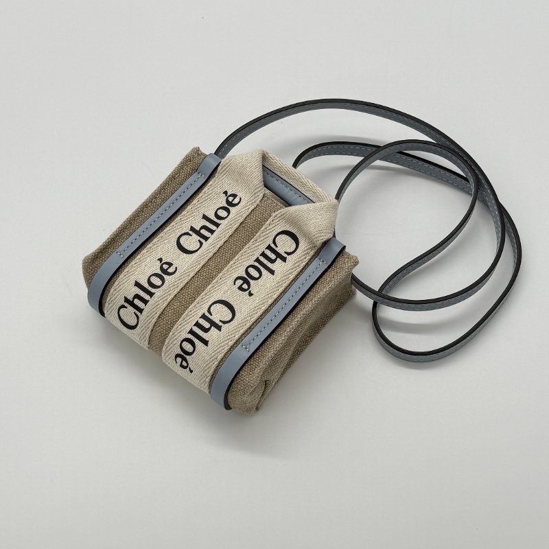 CHLOE Woody Mini 粉藍拼接亞麻小廢包-1