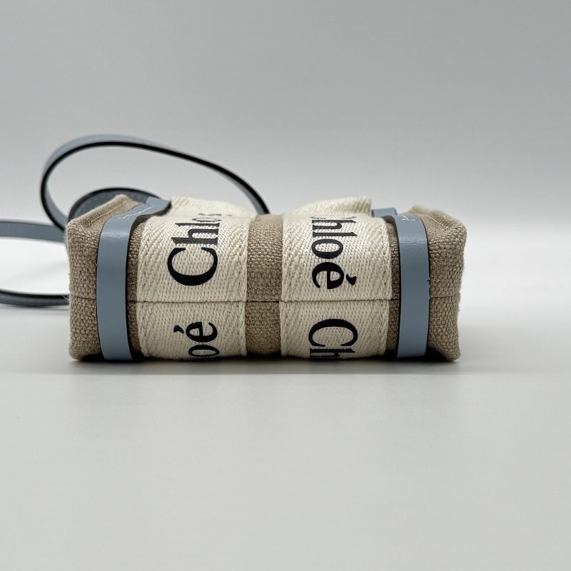 CHLOE Woody Mini 粉藍拼接亞麻小廢包-3