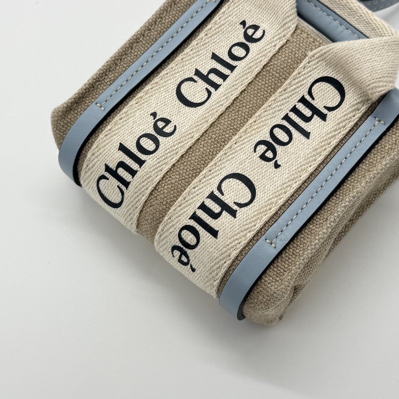 CHLOE Woody Mini 粉藍拼接亞麻小廢包-4