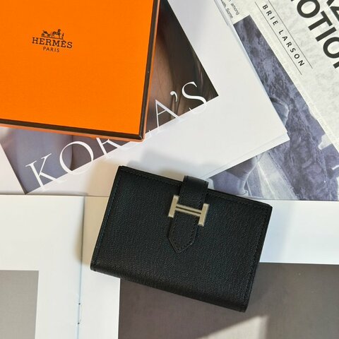 HERMES Beran雙折零錢卡包 - 黑銀 B