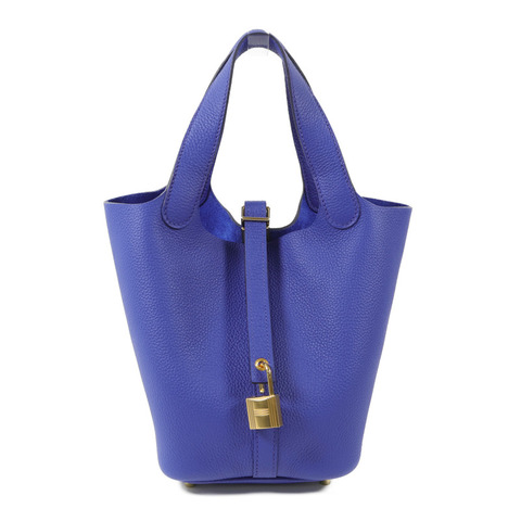 HERMES Clemence皮革Picotin PM金扣手挽袋Bleu Electrique