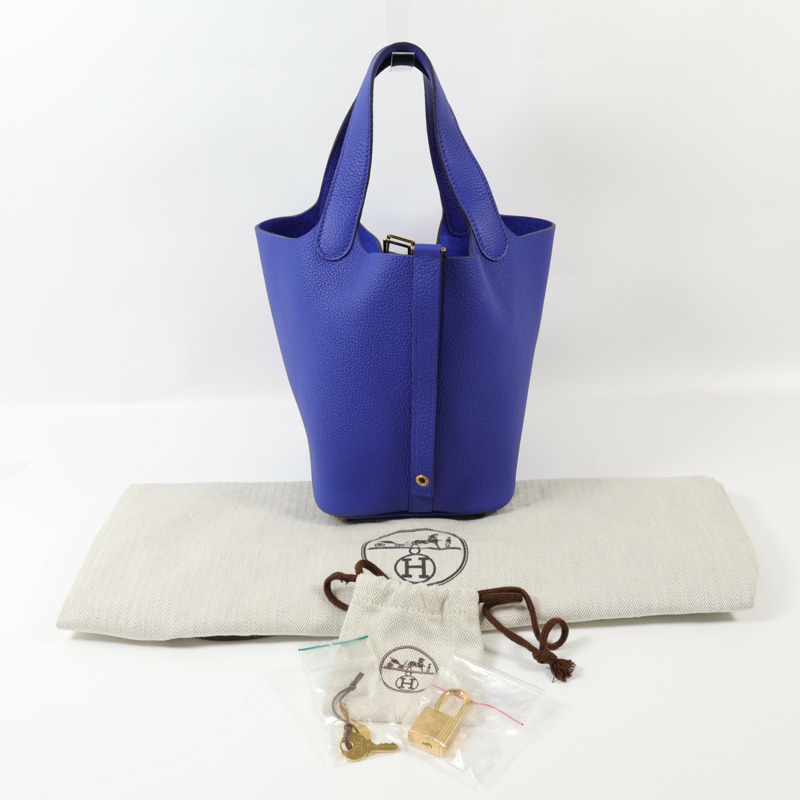 HERMES Clemence皮革Picotin PM金扣手挽袋Bleu Electrique-7