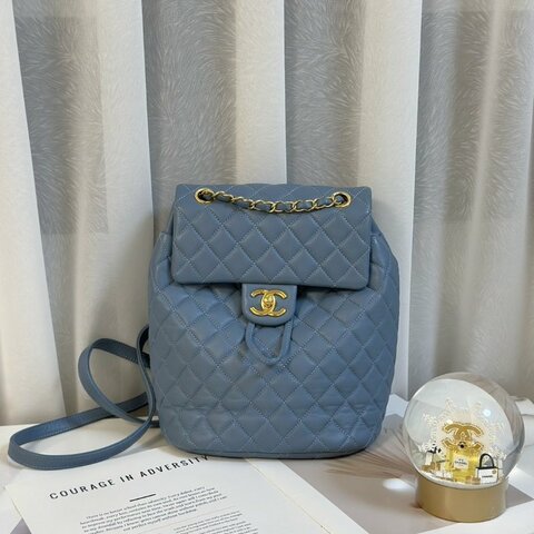 CHANEL 薩爾茨堡雙肩包 - 大號霧霾藍金27開