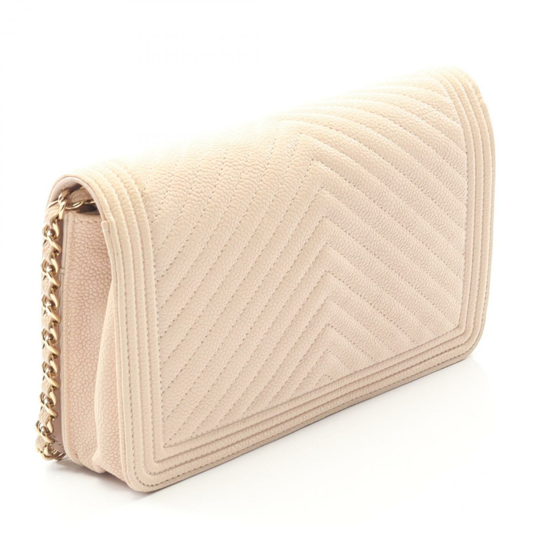 香奈兒 Boy Chanel 絎縫鏈條肩背斜背包 WOC 皮革 米色 GHW-1