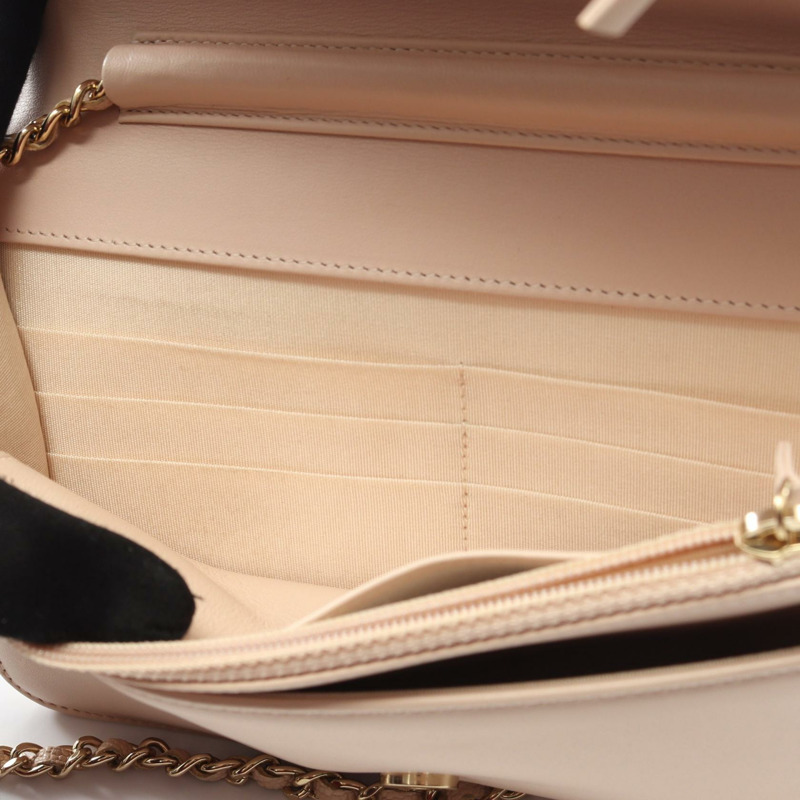 香奈兒 Boy Chanel 絎縫鏈條肩背斜背包 WOC 皮革 米色 GHW-6