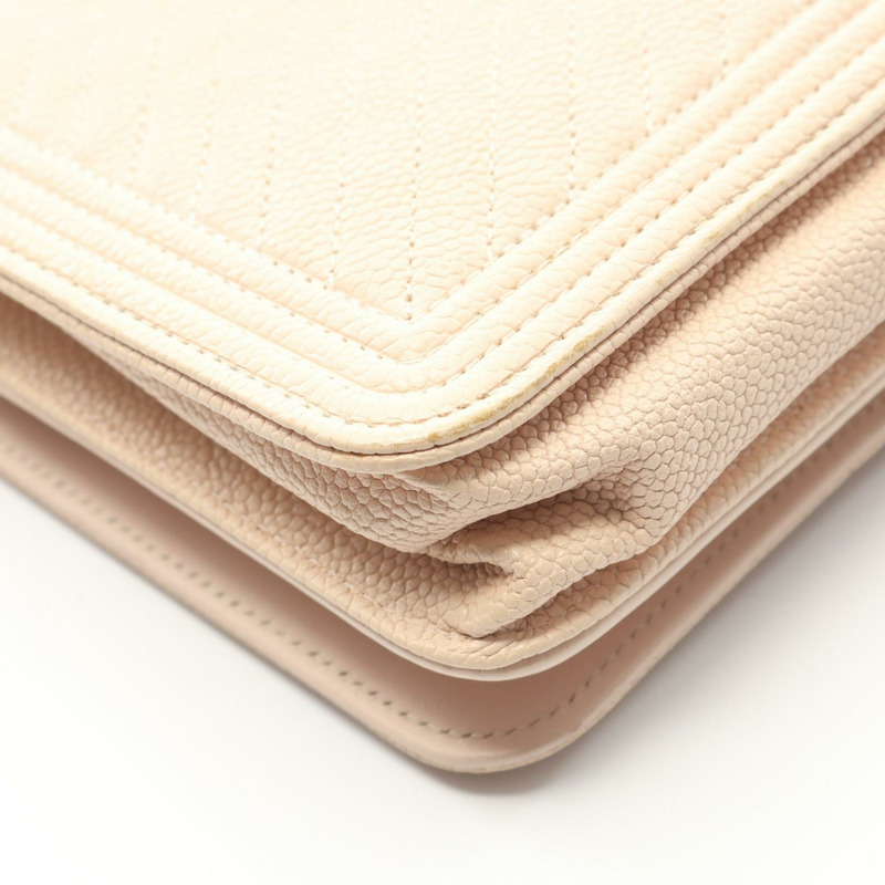 香奈兒 Boy Chanel 絎縫鏈條肩背斜背包 WOC 皮革 米色 GHW-7