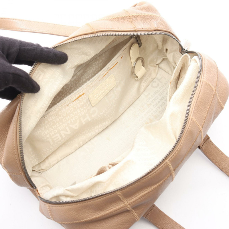 香奈兒巧克力棒手提包，粒面小牛皮，米色，二手，女士，帶五金配件-2