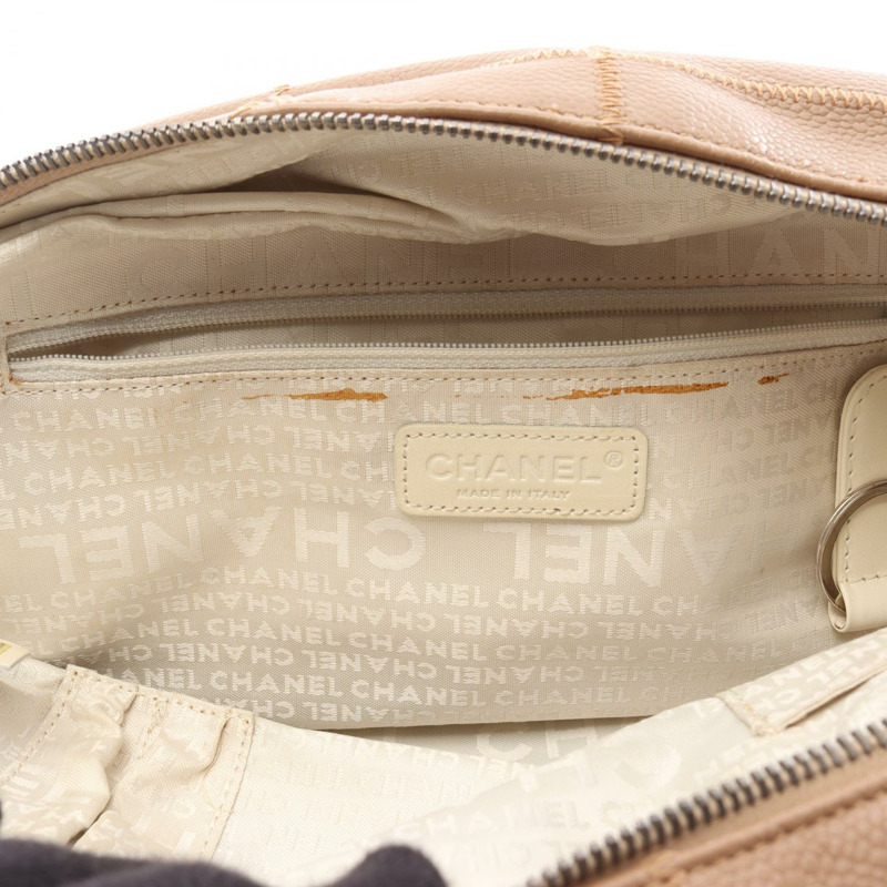 香奈兒巧克力棒手提包，粒面小牛皮，米色，二手，女士，帶五金配件-5