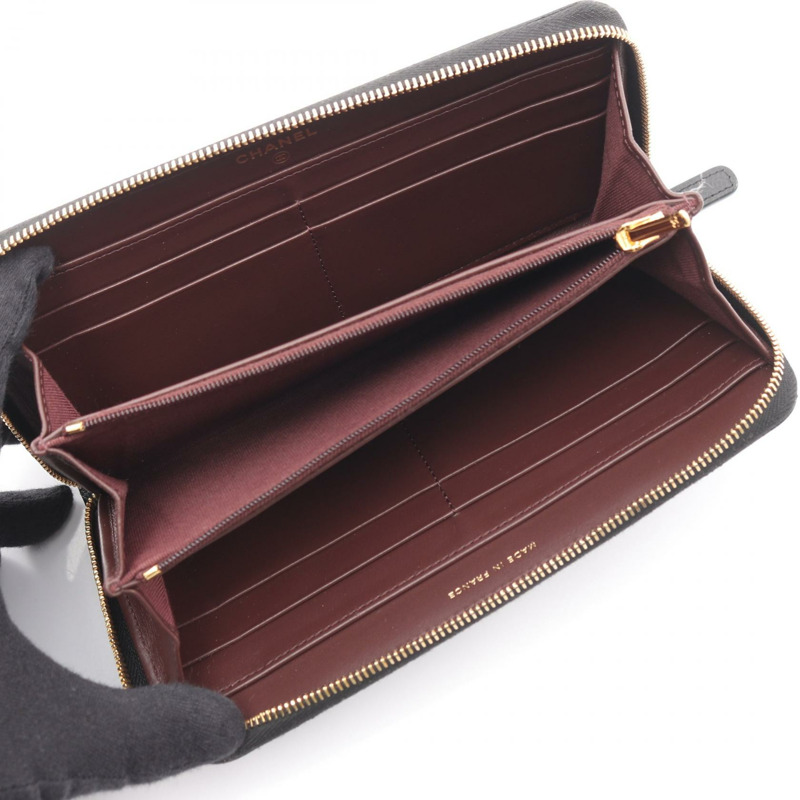 香奈兒經典款圓長拉鍊皮夾，絎縫皮革，AP0242，黑色，金色五金-2