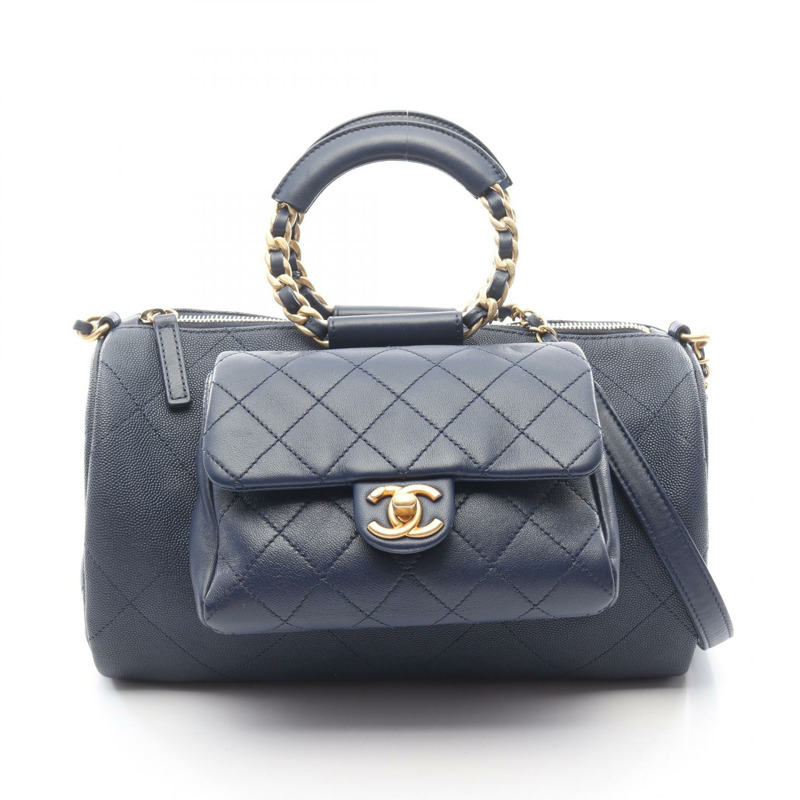 香奈兒 (CHANEL) 絎縫鏈條肩背包,粒面小牛皮,海軍藍,金色五金,二手-0