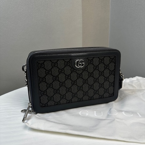 閒置新 古馳/Gucci Ophidia系列GG迷你帆布手袋斜背袋 灰色皮革滾邊