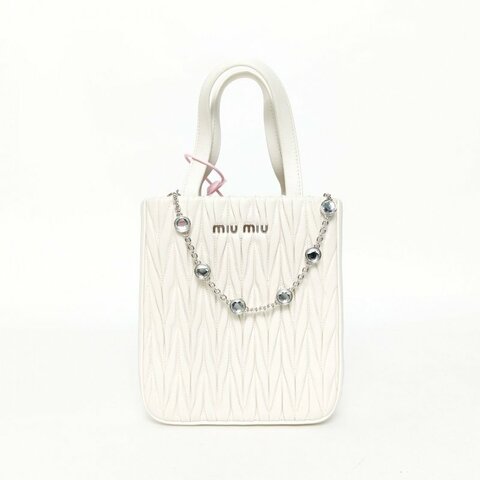 MIU MIU 白色羊皮銀扣matelasse褶皺寶石肩帶托特包肩背包