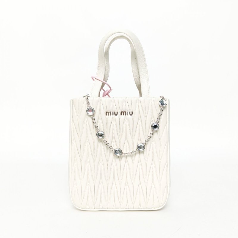 MIU MIU 白色羊皮銀扣matelasse褶皺寶石肩帶托特包肩背包-0