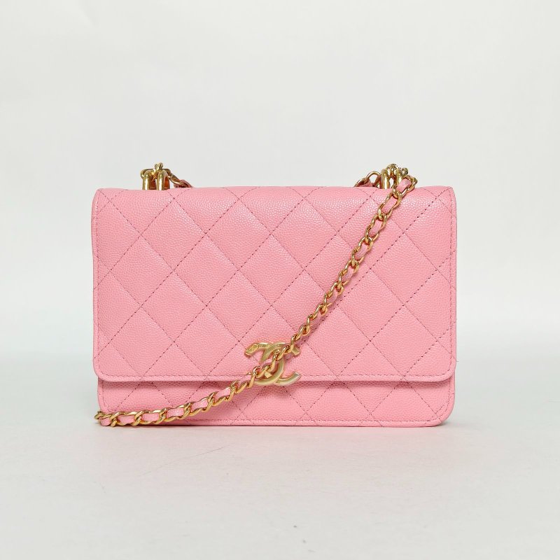 CHANEL 手柄CFWOC19粉色荔枝牛皮晶片開金扣雙C吊飾雙皮穿鏈手柄肩背包-0