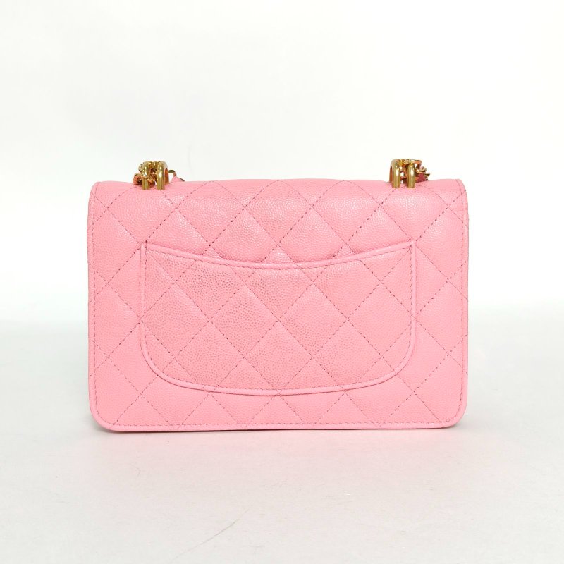 CHANEL 手柄CFWOC19粉色荔枝牛皮晶片開金扣雙C吊飾雙皮穿鏈手柄肩背包-2
