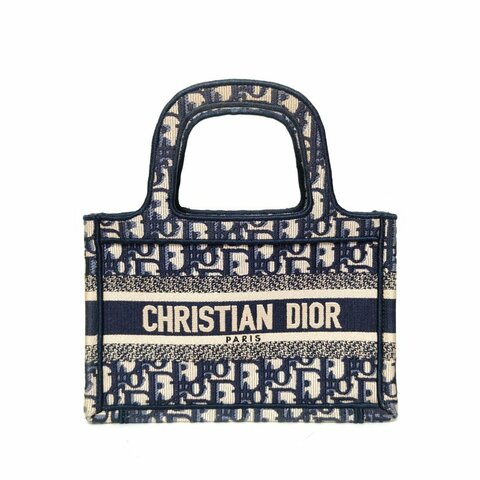 DIOR BookTote迷你21.5墨藍色帆布2022Oblique印花字母刺繡肩背包