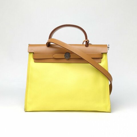 HERMES Herbag31防水帆布9R檸檬黃防水帆布A刻銀扣肩背包