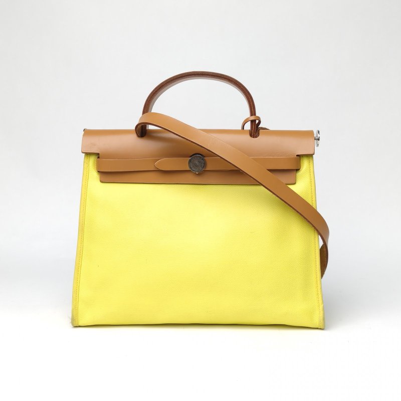 HERMES Herbag31防水帆布9R檸檬黃防水帆布A刻銀扣肩背包-0