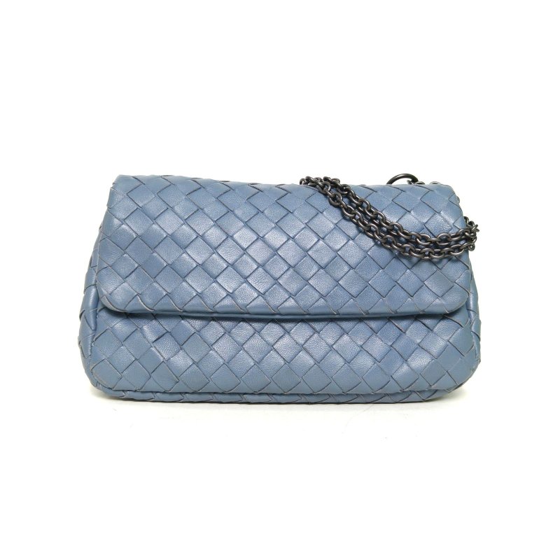 BOTTEGA VENETA 藍色羊皮經典編織鏈條包斜挎包肩背包-0