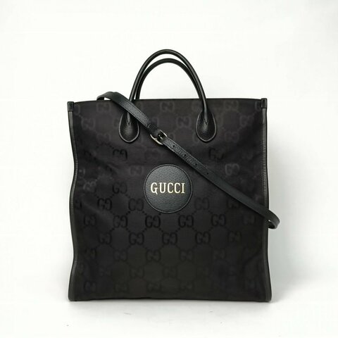 GUCCI 黑色牛皮尼龍銀扣GG印花手提豎版托特包配可拆卸肩帶/肩背包