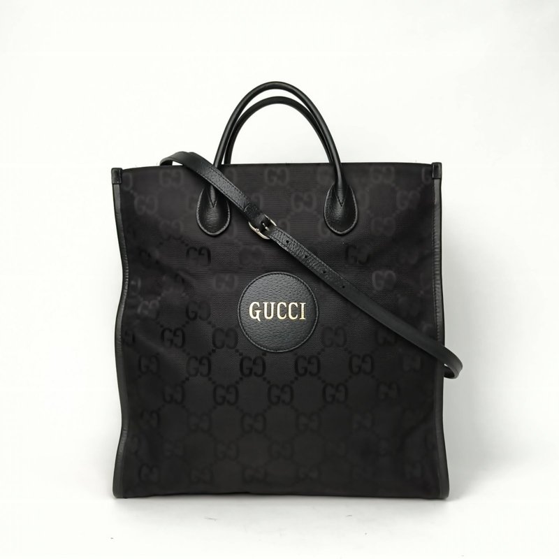 GUCCI 黑色牛皮尼龍銀扣GG印花手提豎版托特包配可拆卸肩帶/肩背包-0