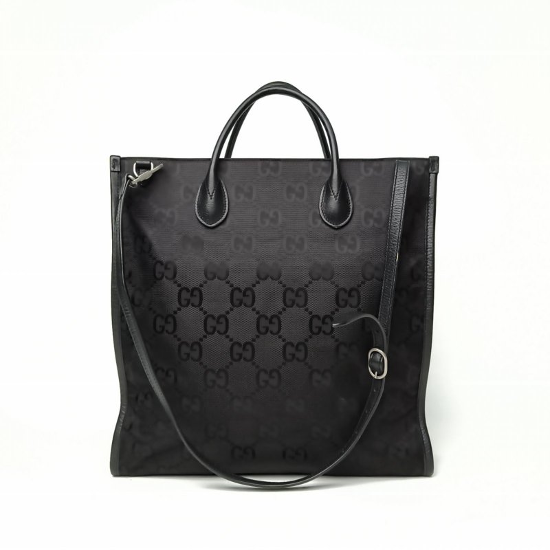 GUCCI 黑色牛皮尼龍銀扣GG印花手提豎版托特包配可拆卸肩帶/肩背包-2