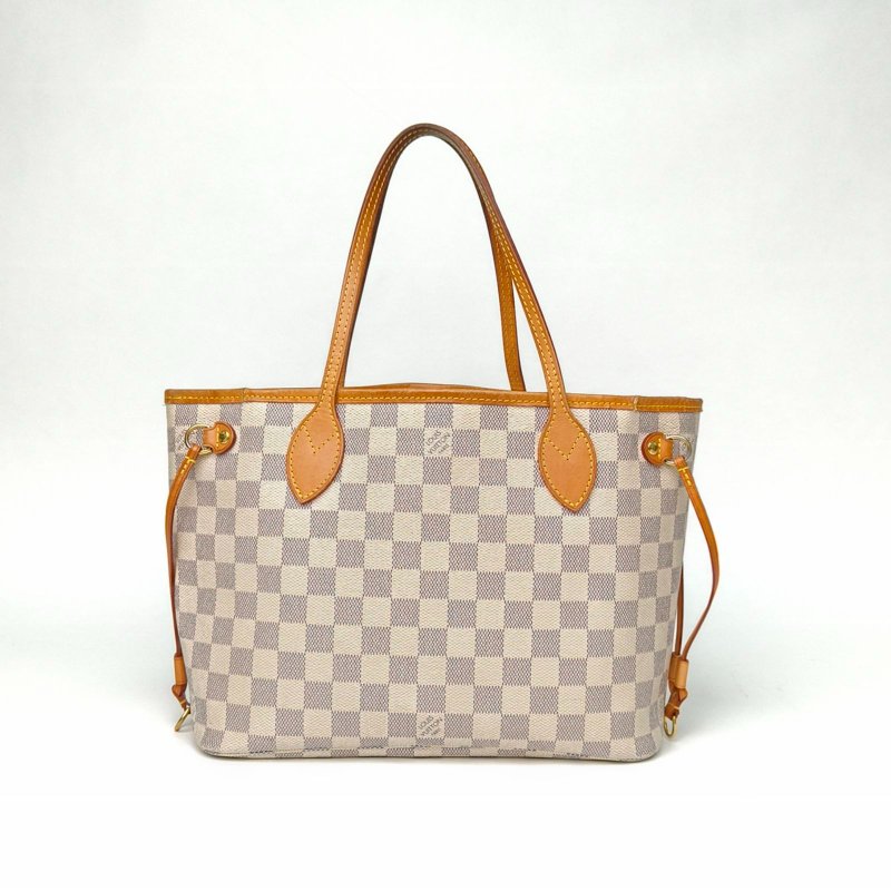 LOUIS VUITTON Neverfull小號29配子袋白棋格PVC金扣2014肩背包-3