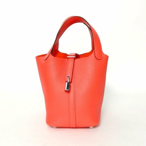 HERMES Picotin18菜籃子G0原野橙TC皮W刻銀扣肩背包