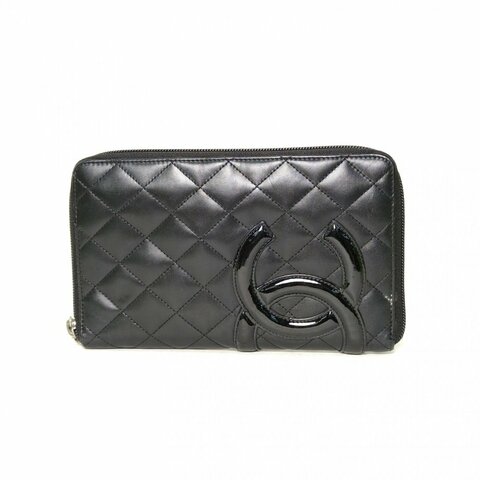 CHANEL 黑色牛皮17開銀扣康鵬拉鏈長款錢包手拿包肩背包