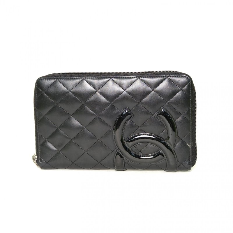 CHANEL 黑色牛皮17開銀扣康鵬拉鏈長款錢包手拿包肩背包-0