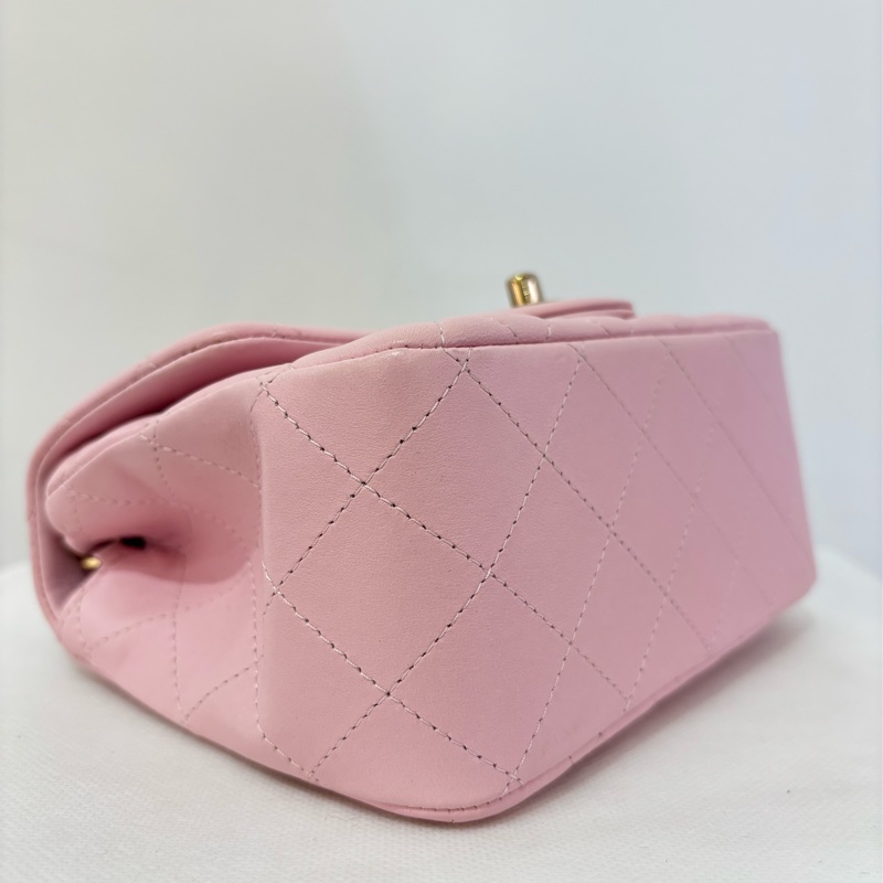 CHANEL粉羊皮淡金釦方胖17cm-5