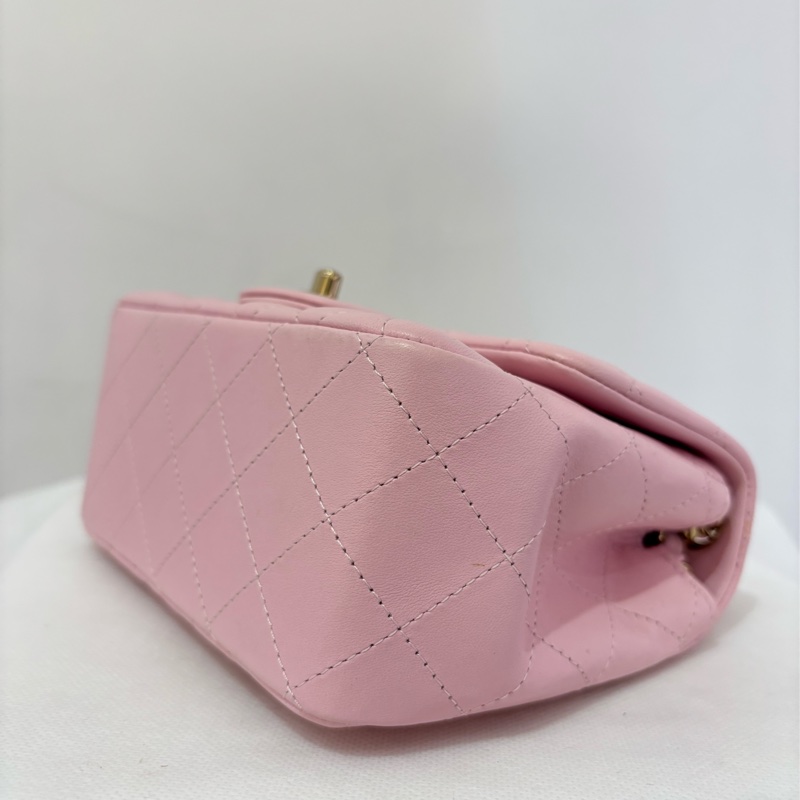 CHANEL粉羊皮淡金釦方胖17cm-6