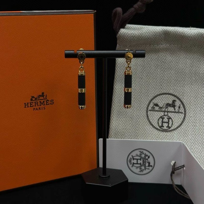 HERMES 黑色皮質 charniere耳釘 全新閒置配件盒子塵袋吊牌-0