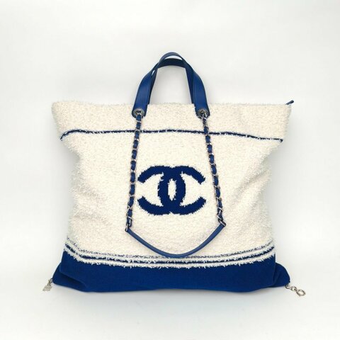 CHANEL 拼色毛呢27開銀扣字母logo毛巾沙灘包帶手柄購物袋大號肩背包