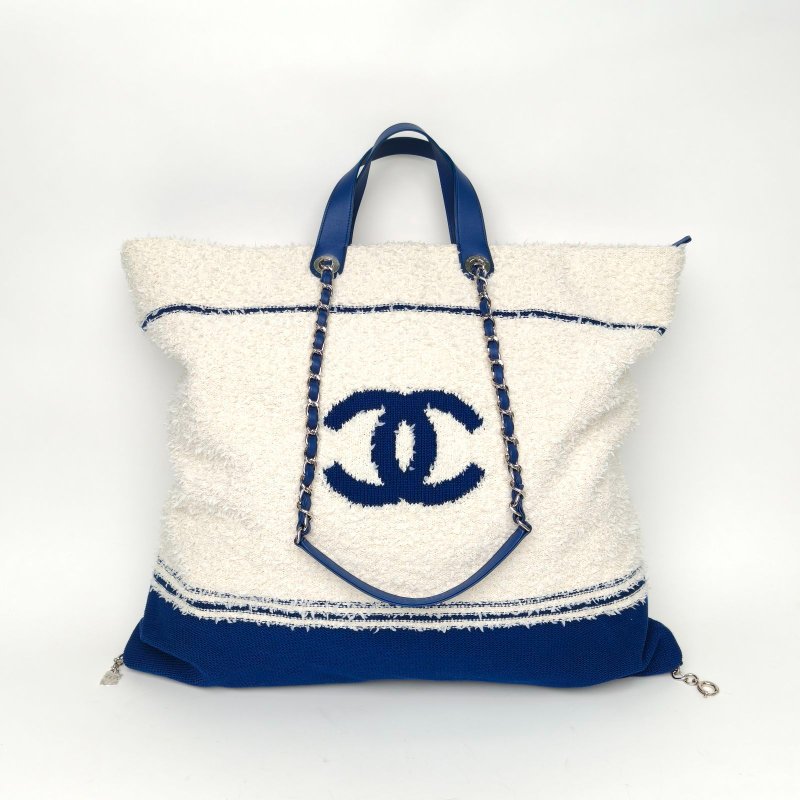 CHANEL 拼色毛呢27開銀扣字母logo毛巾沙灘包帶手柄購物袋大號肩背包-0