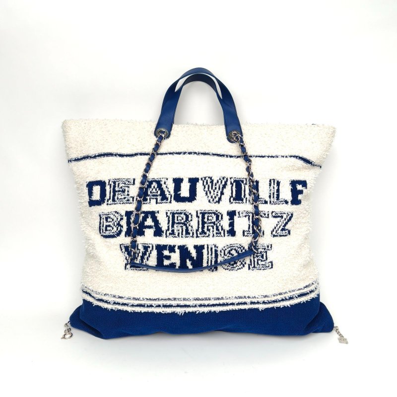 CHANEL 拼色毛呢27開銀扣字母logo毛巾沙灘包帶手柄購物袋大號肩背包-2