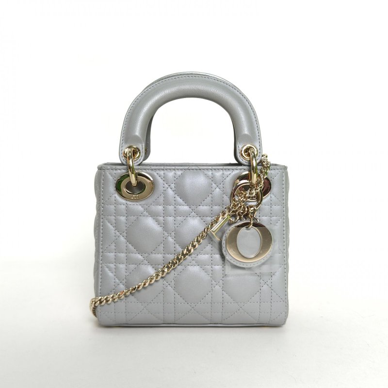 DIOR Lady戴妃包三格灰色羊皮淺金扣2024肩背包-0