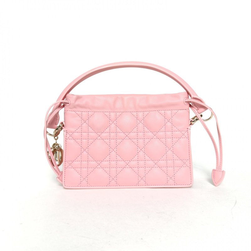 DIOR LadyMilly抽繩福袋包粉色羊皮金扣2023肩背包-2