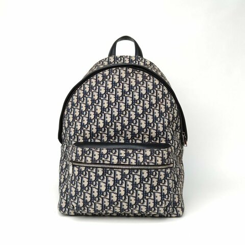 DIOR Rider雙肩包墨藍色帆布銀扣2023Oblique印花肩背包