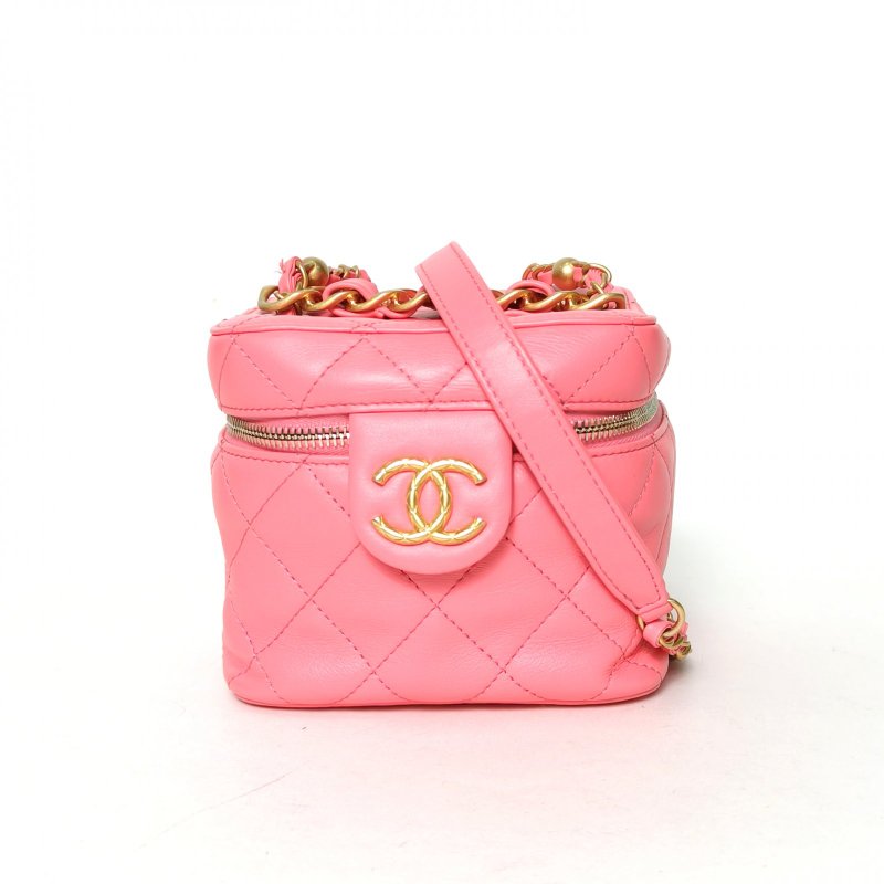 CHANEL 22S方盒子化妝包帶鏡子15粉色牛皮晶片開鳳梨扣雙金珠皮穿鏈皮穿鏈手柄肩背包-0