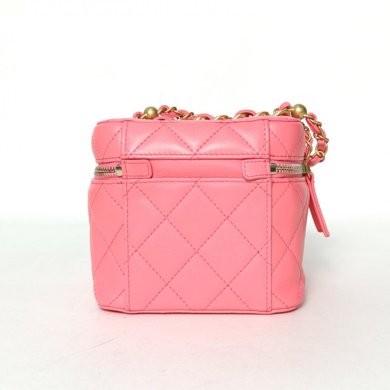 CHANEL 22S方盒子化妝包帶鏡子15粉色牛皮晶片開鳳梨扣雙金珠皮穿鏈皮穿鏈手柄肩背包-2