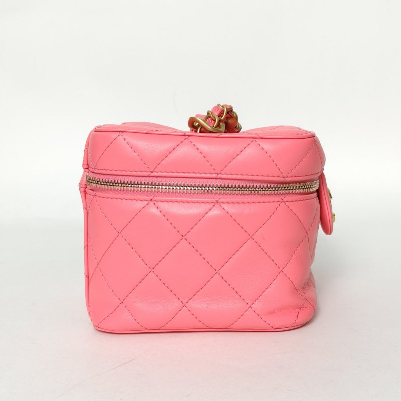 CHANEL 22S方盒子化妝包帶鏡子15粉色牛皮晶片開鳳梨扣雙金珠皮穿鏈皮穿鏈手柄肩背包-3
