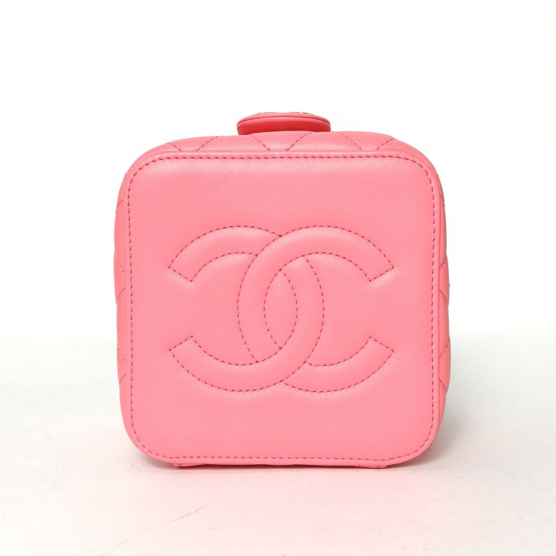 CHANEL 22S方盒子化妝包帶鏡子15粉色牛皮晶片開鳳梨扣雙金珠皮穿鏈皮穿鏈手柄肩背包-4