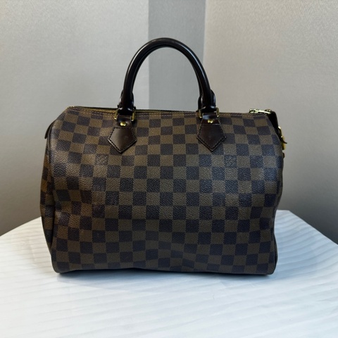 98新 路易威登/Louis Vuitton Speedy 30 棕色棋盤格 塗層帆布拼牛皮 手提包33x18x22cm