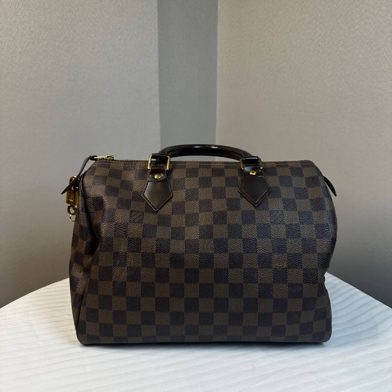 98新 路易威登/Louis Vuitton Speedy 30 棕色棋盤格 塗層帆布拼牛皮 手提包33x18x22cm-1