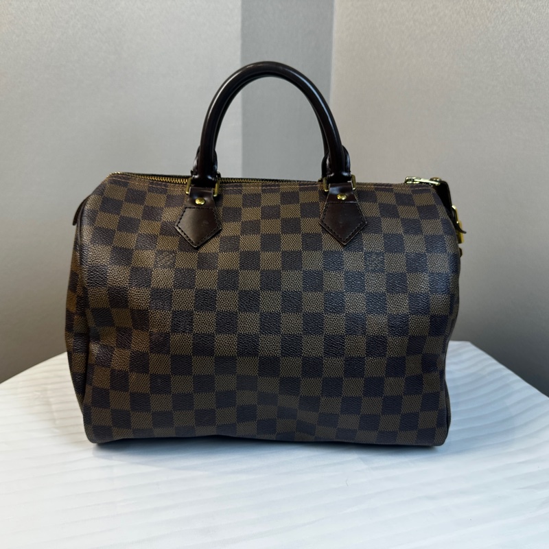 98新 路易威登/Louis Vuitton Speedy 30 棕色棋盤格 塗層帆布拼牛皮 手提包33x18x22cm-9