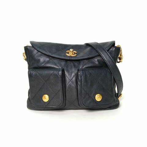 CHANEL Suppletwins24P嬉皮Hobo郵差包小號24.5黑色荔枝牛皮晶片開金扣肩背包