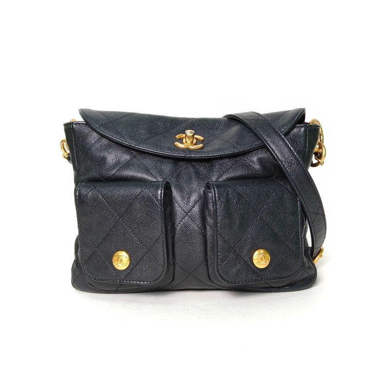 CHANEL Suppletwins24P嬉皮Hobo郵差包小號24.5黑色荔枝牛皮晶片開金扣肩背包-0